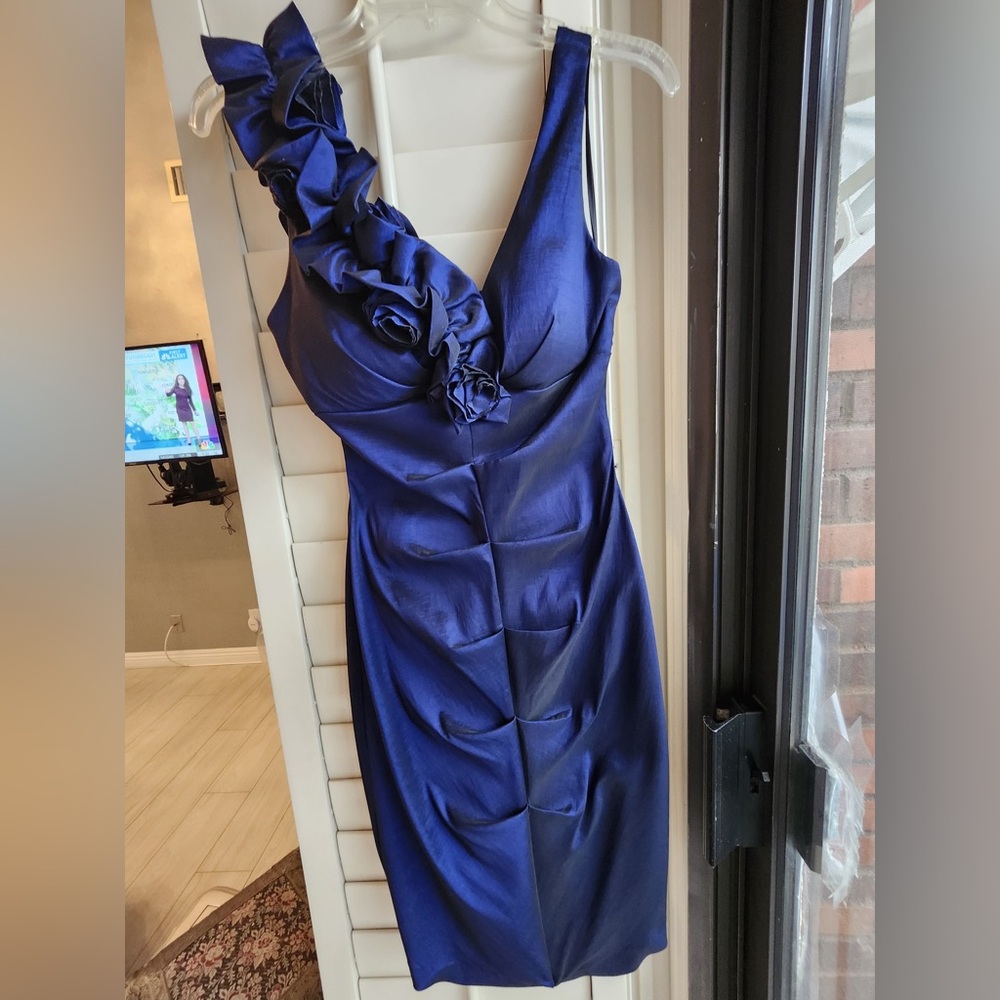 Xscape One Shoulder Blue Dress with Floral Detail